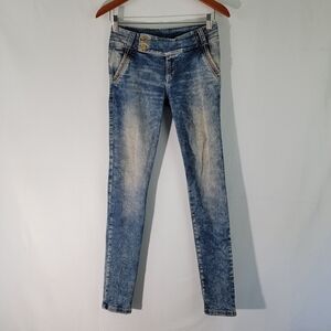 Kenzo GOLD DENIM VANY Skinny Mid-Rise Jeans Sz 6 Designer Beaded Gold Button